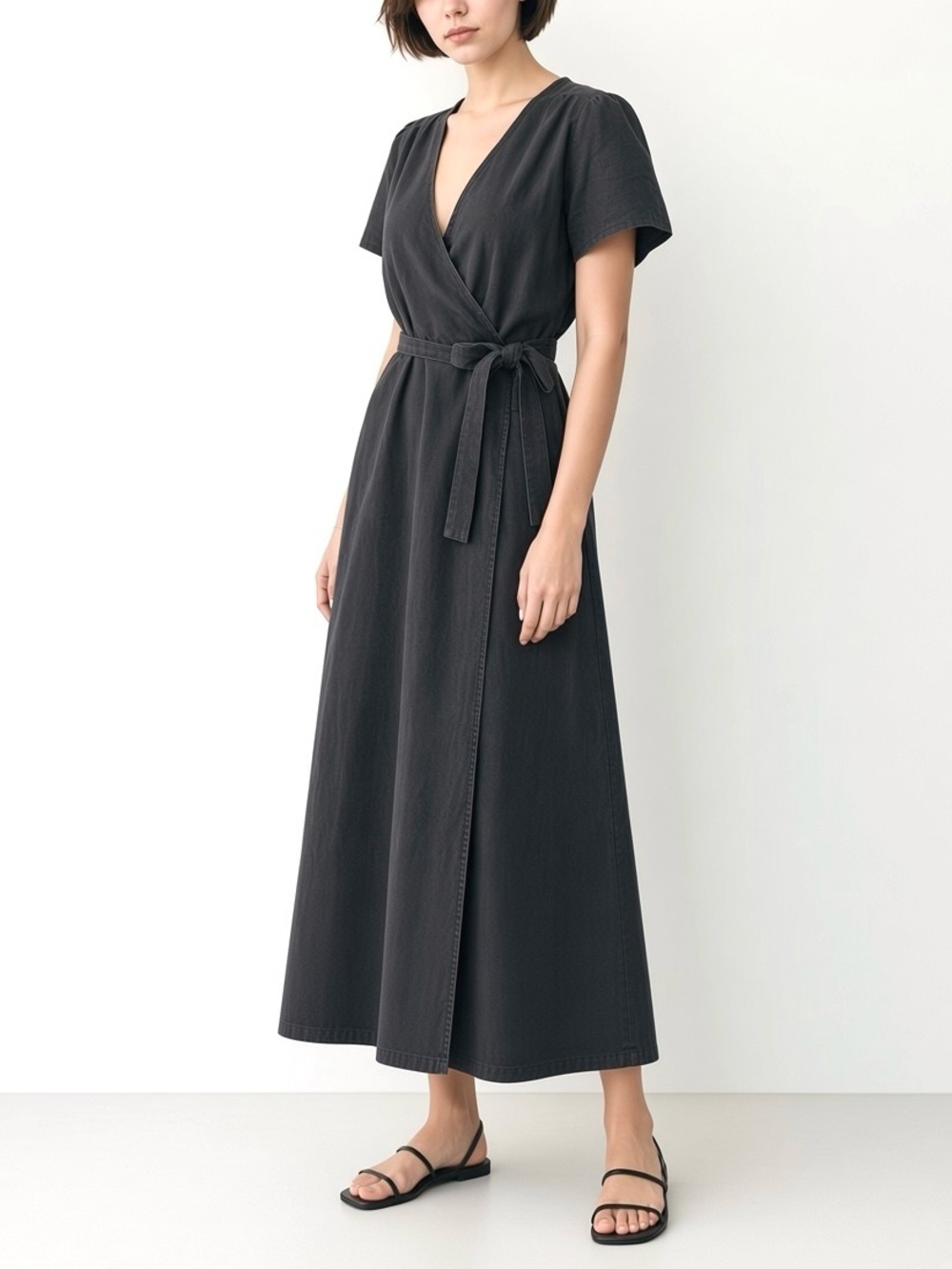 NWT Asos Black Wash Denim Wrap Midi Dress w/ Tie, Short Puff Sleeves - Size 18